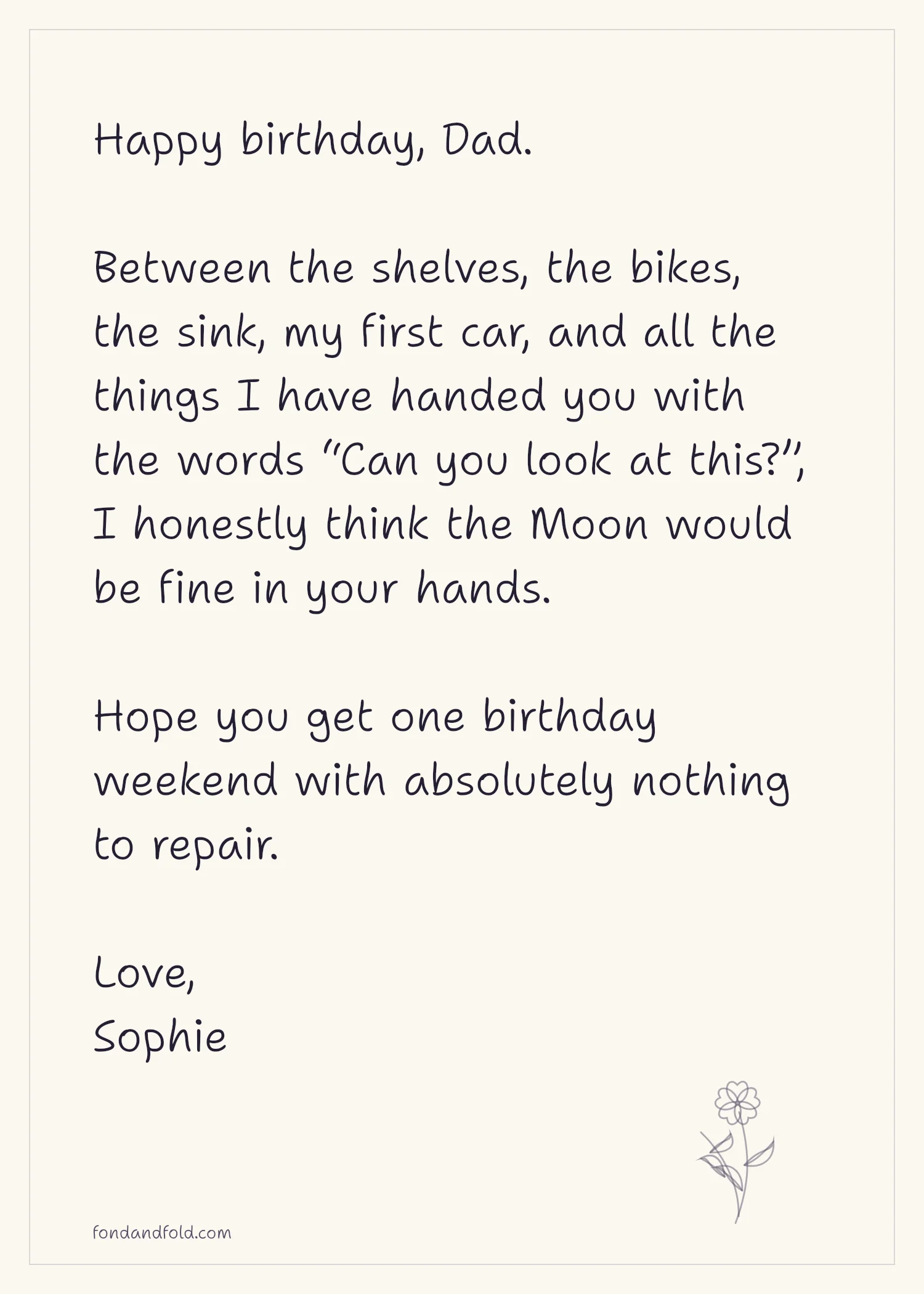Example birthday note to Dad connecting the Moon-repair joke to shelves, bikes, a sink, and a first car he has fixed, signed Sophie.