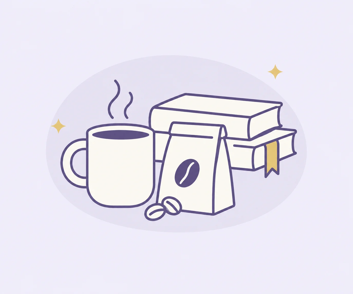 A coffee mug, a bag of coffee beans and two books, drawn with purple lines and small gold accents on lavender.