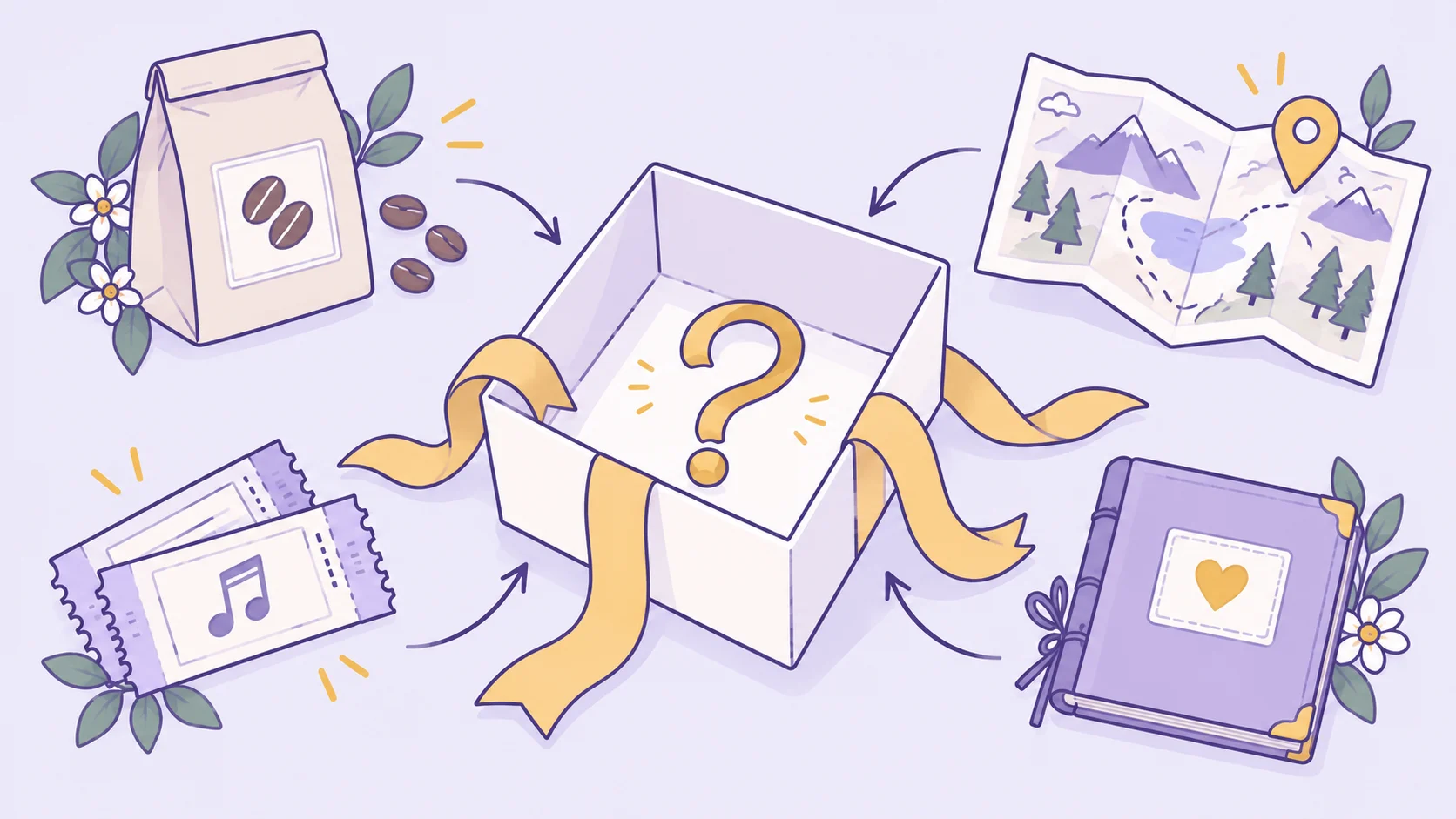 An open gift box with a question mark, surrounded by coffee, a map, concert tickets and a photo album as different gift choices.