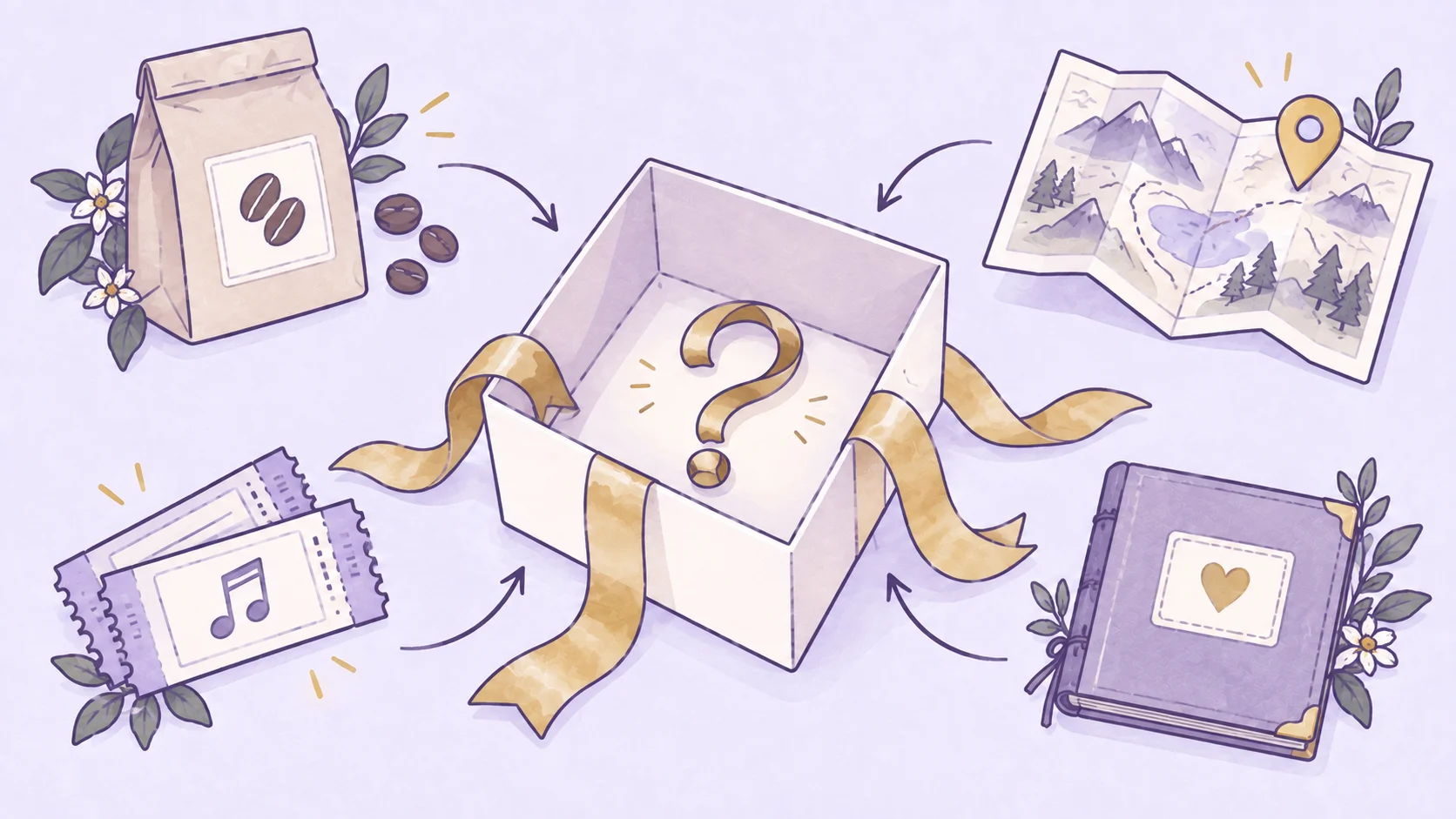 An open gift box with a question mark, surrounded by coffee, a map, concert tickets and a photo album as different gift choices.