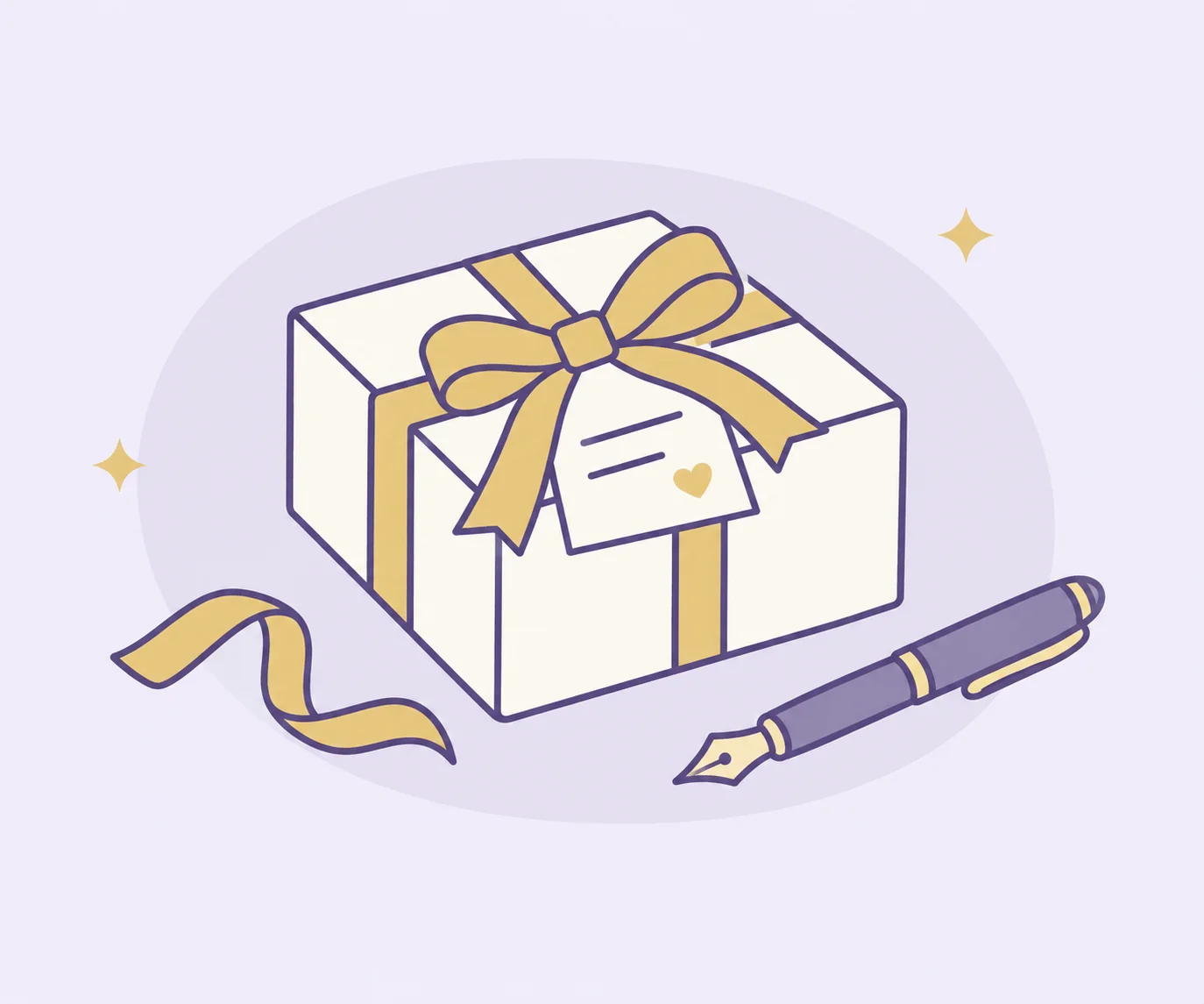 A neatly wrapped gift tied with a gold ribbon, with a personal note and fountain pen.