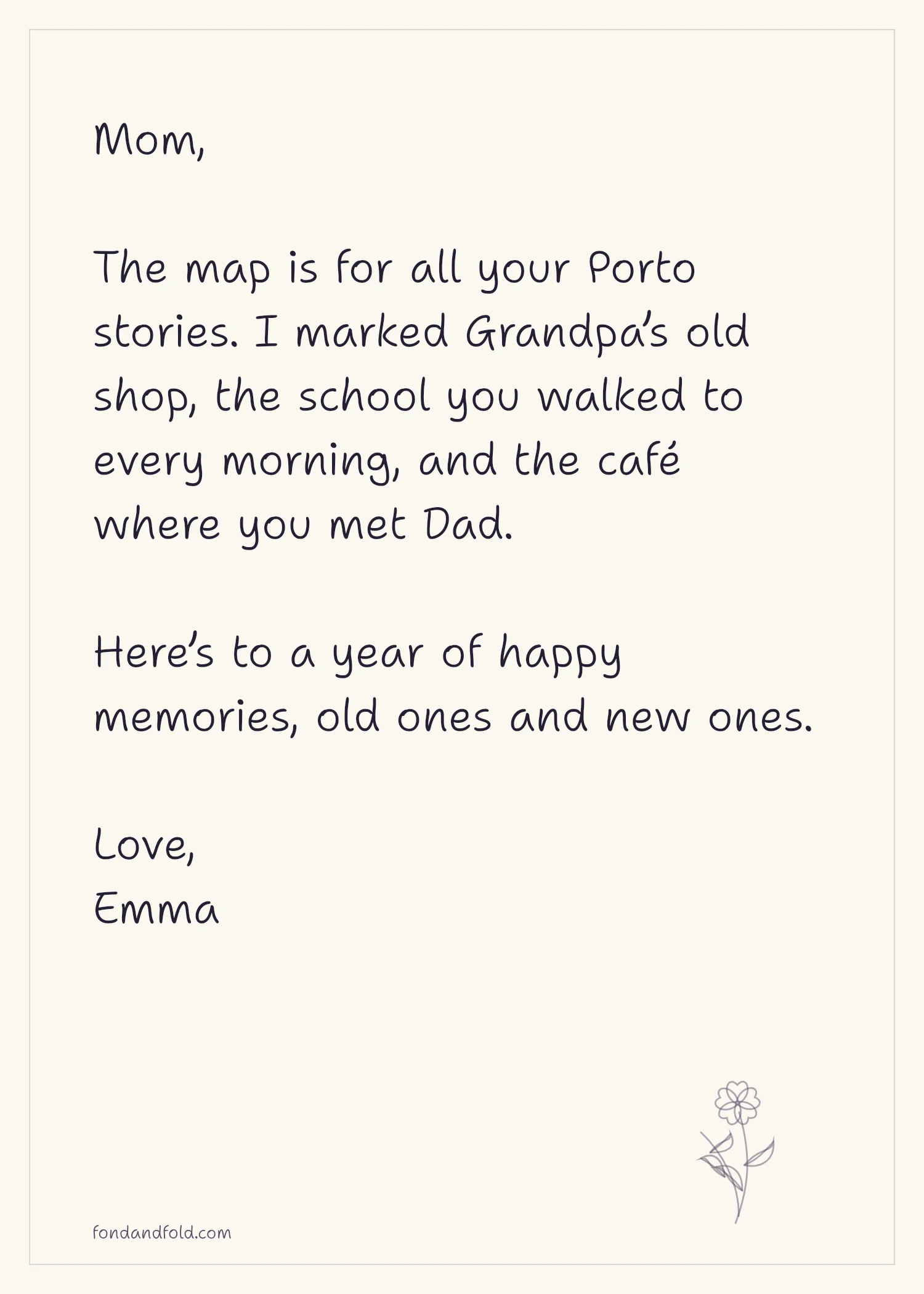 Example birthday note to Mom explaining an old map of Porto marked with Grandpa’s shop, her school, and the café where she met Dad, signed Emma.
