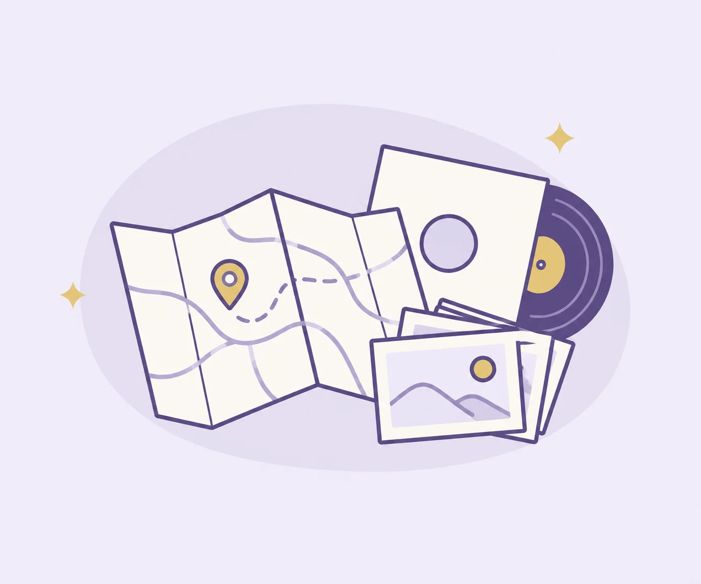 A folded map with a marked place, postcards and a vinyl record, representing personal history and collections.
