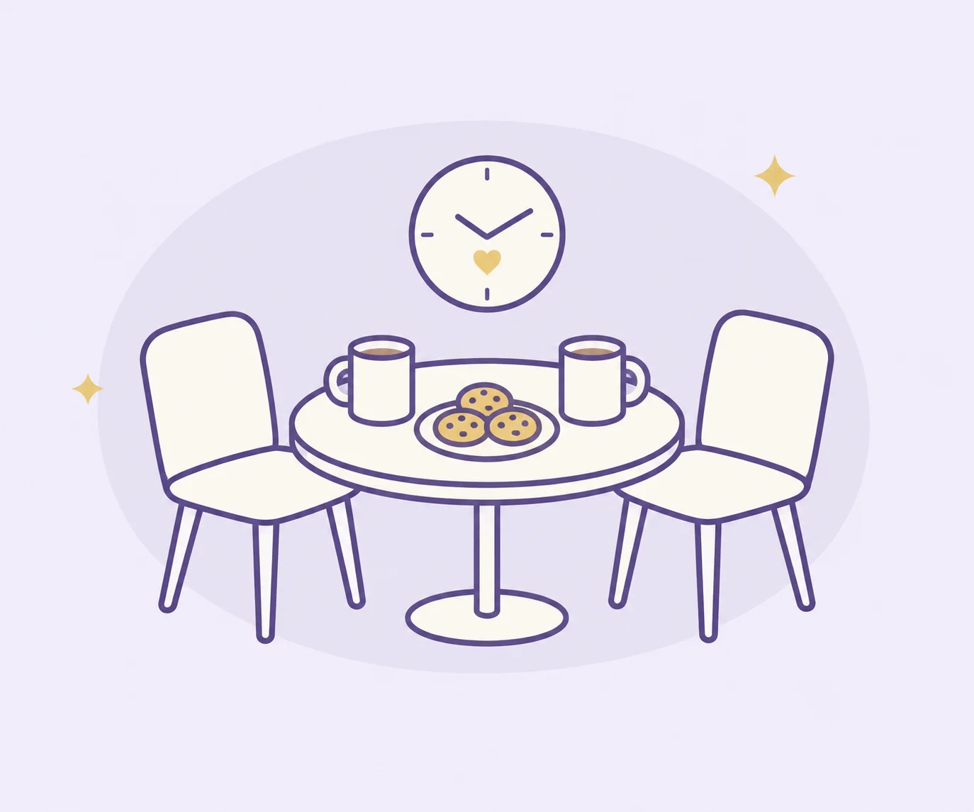 A table for two with mugs and homemade cookies beneath a clock, representing time and effort shared together.