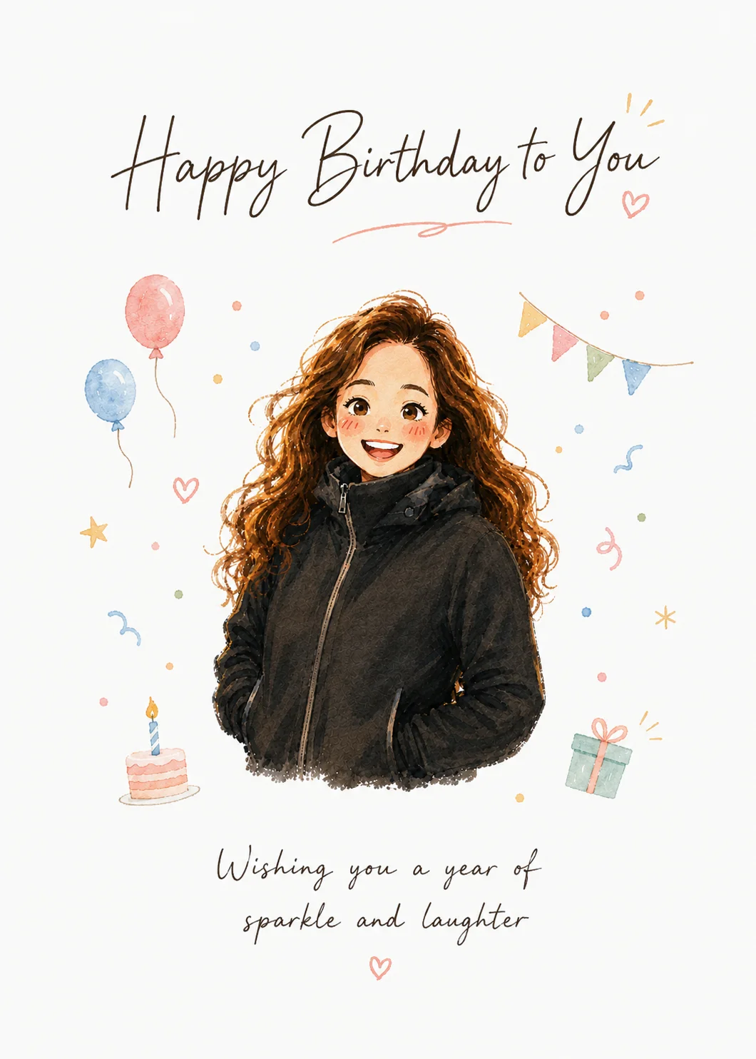 Birthday card development with a smaller portrait between the title and lower blessing, surrounded by birthday decorations.