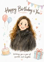 Finished watercolor birthday card with a smiling woman, balloons, cake, and a gift.