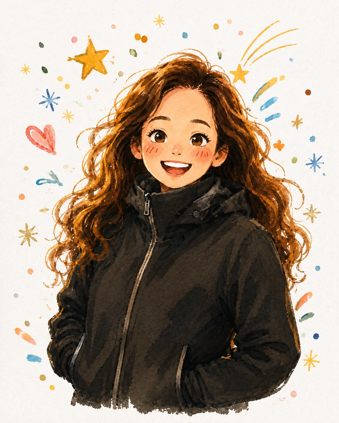 Early watercolor-style portrait study with large eyes, a dark jacket, and scattered stars, without card wording.