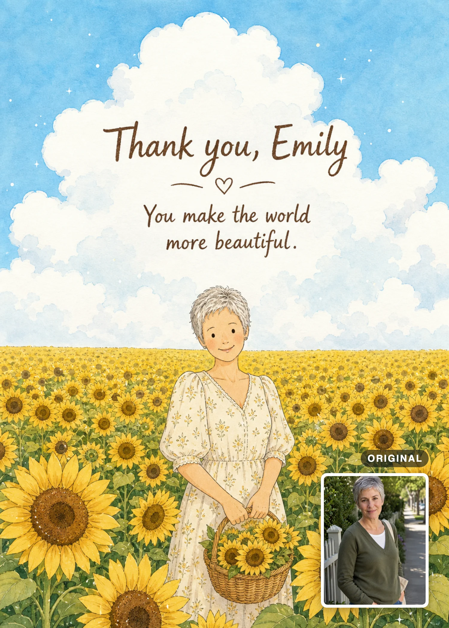 Sunflower thank you card with a short-haired figure holding a basket, with the source photo inset.