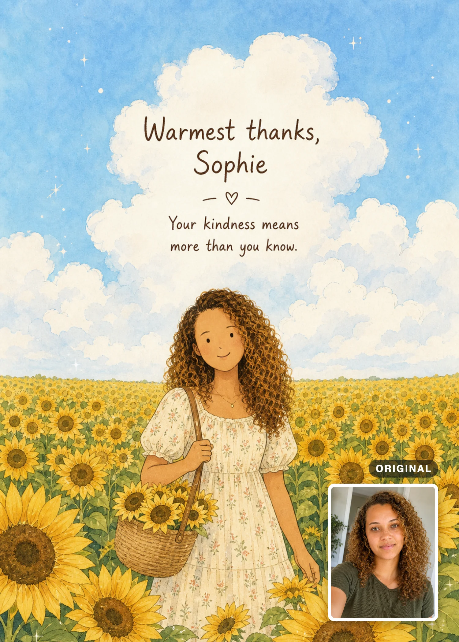 Sunflower thank you card with a curly-haired figure carrying a basket from one shoulder, with the source photo inset.