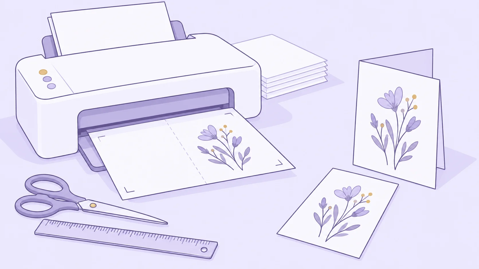 A printer producing a greeting-card sheet beside scissors, a ruler, a folded floral card, and a matching flat photo print.