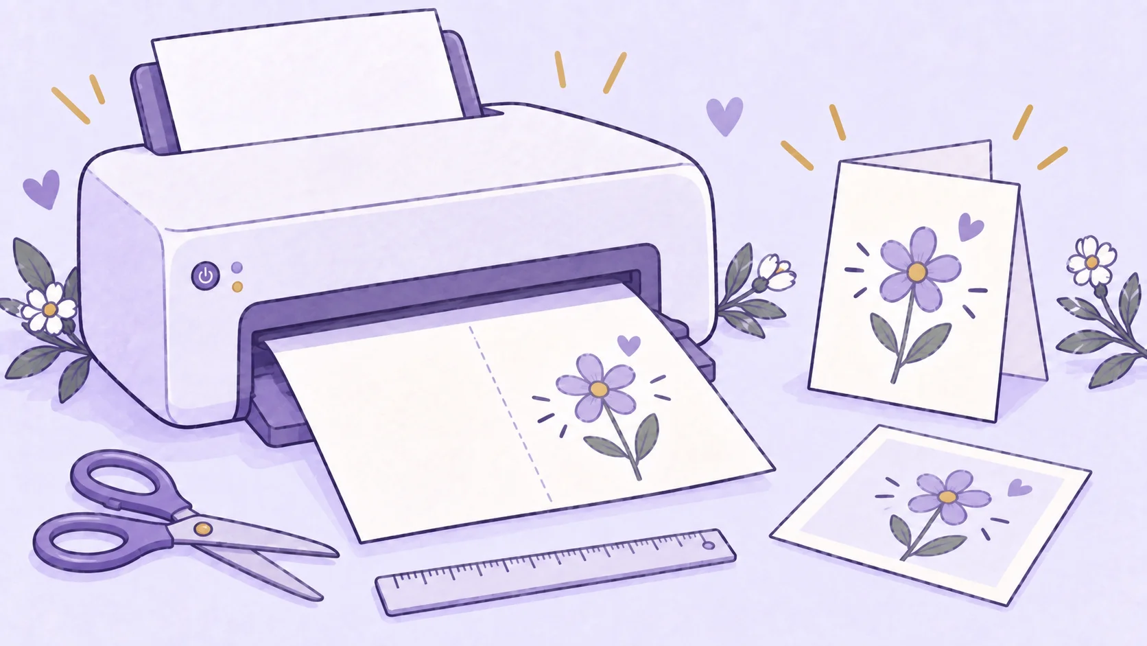 Hand-drawn lavender illustration of a home printer producing a card sheet with a center fold guide, beside scissors, a ruler, a folded flower card, and a matching flat print.