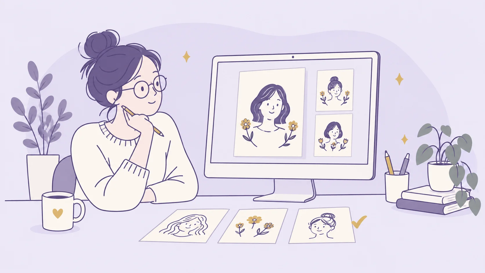A designer comparing personalized illustrated cards on a screen, with portrait and composition studies on the desk.