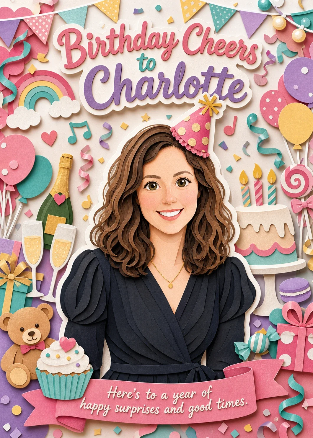 Paper-cut style card reading “Birthday Cheers to Charlotte” and “Here’s to a year of happy surprises and good times.” on a pink ribbon.