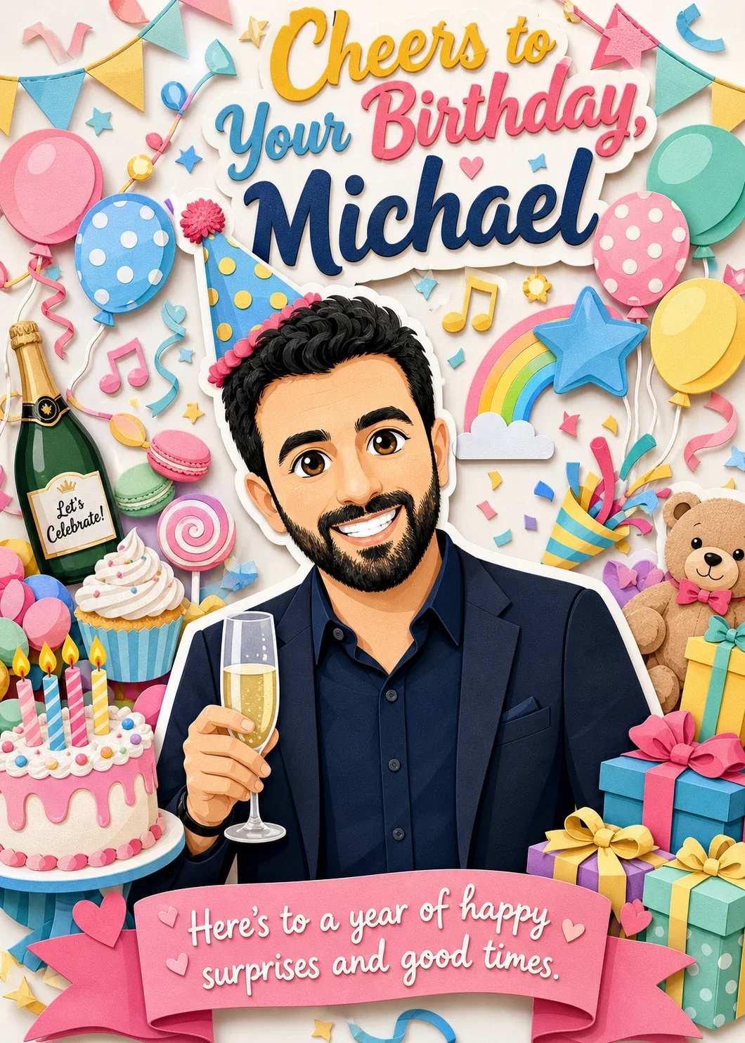Paper-cut style card reading “Cheers to Your Birthday, Michael” and “Here’s to a year of happy surprises and good times.” on a pink ribbon.