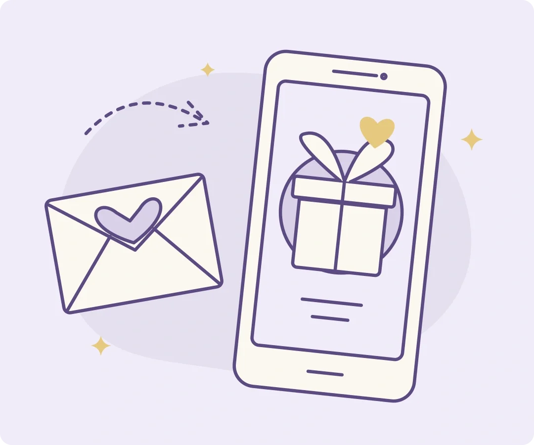 Purple line illustration of a phone displaying a wrapped birthday gift and a heart, beside a personal message envelope.
