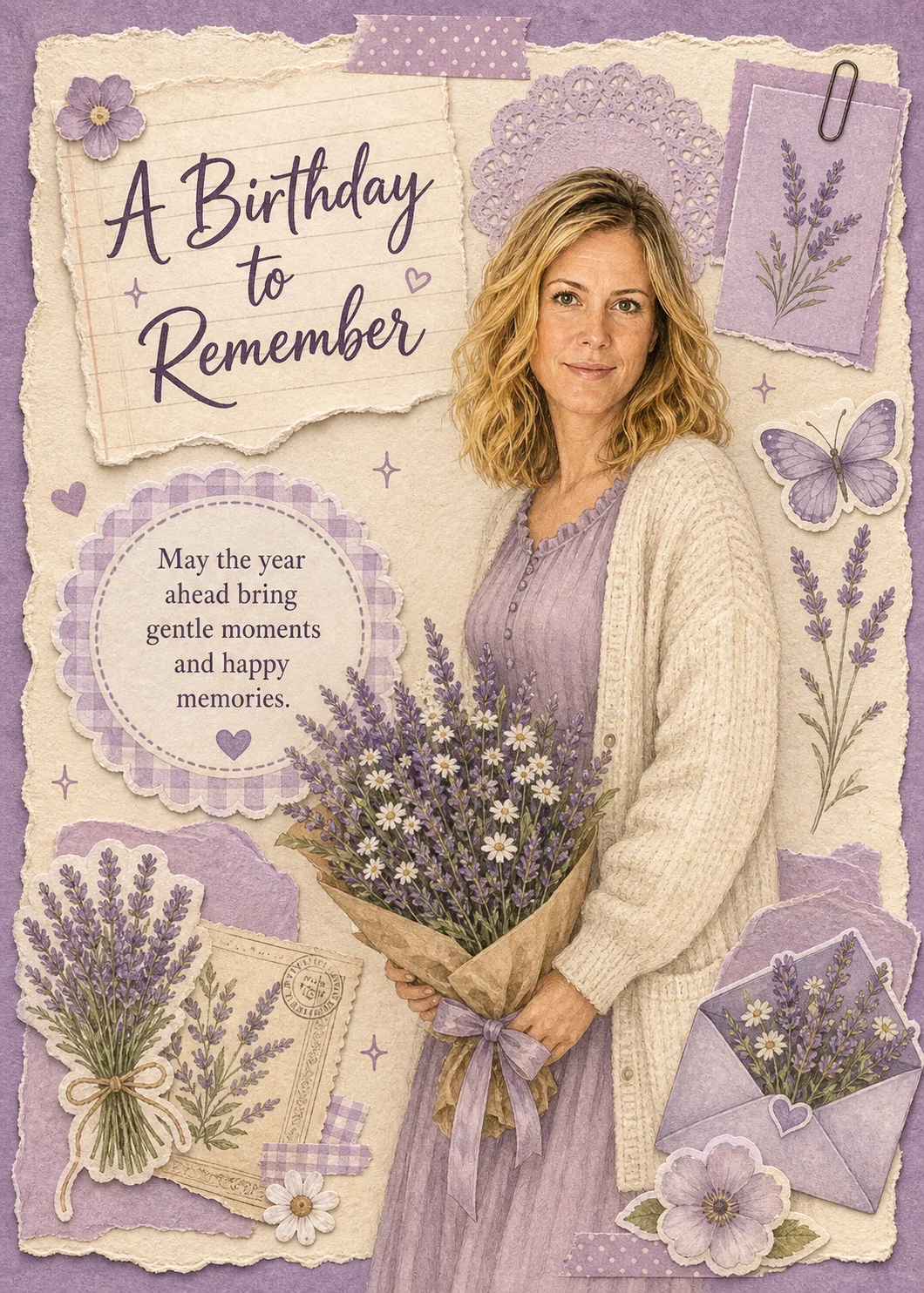 Lavender Birthday Journal cover showing a blonde woman holding flowers in a purple scrapbook collage with lace and pressed flowers. The title reads “A Birthday to Remember” and the blessing reads “May the year ahead bring gentle moments and happy memories.”