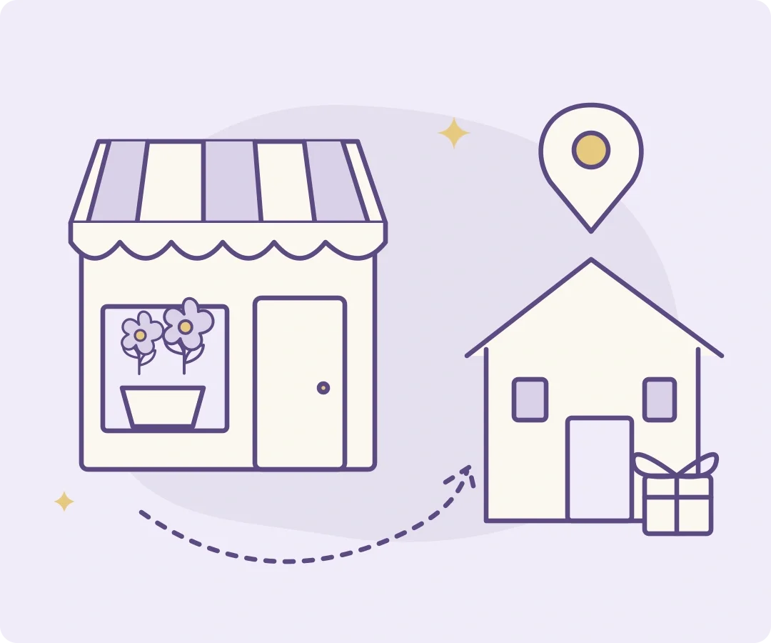 Purple line illustration of a flower shop and a nearby home, with a dotted delivery route and a small gift at the door.