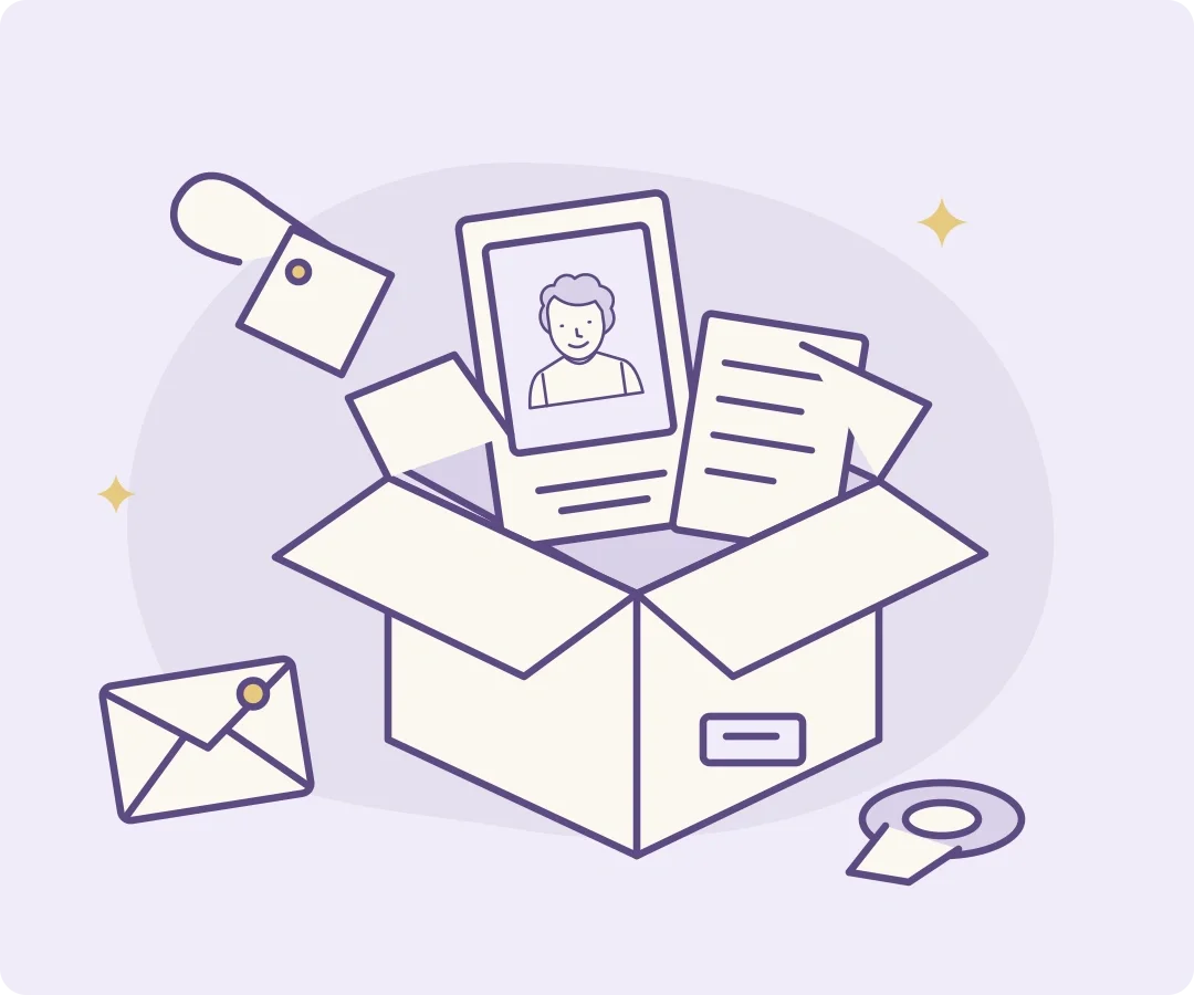 Purple line illustration of an open parcel containing a portrait and a personal letter, with packing tape and a tied gift tag beside it.