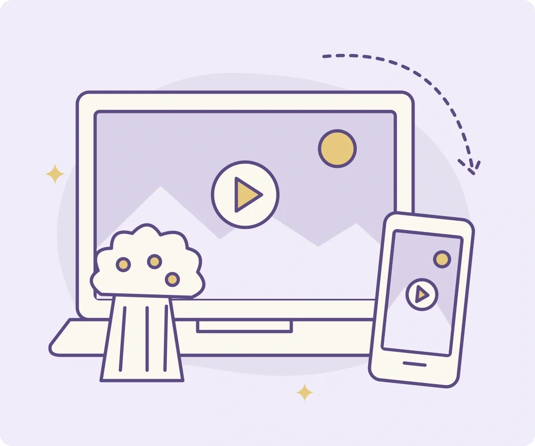 Purple line illustration of a laptop and a smaller screen showing the same film, with popcorn and a dotted connection between them.