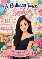 Paper Party Birthday cover for Sophie with a portrait, cake, balloons, and confetti.