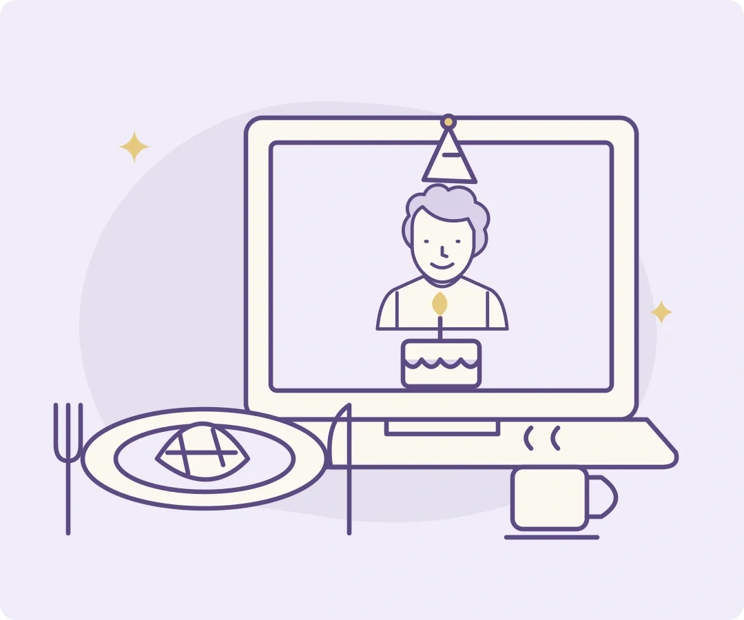 Purple line illustration of a friend on a video call, with a birthday cake on screen and a plate, cutlery, and cup at the other table.