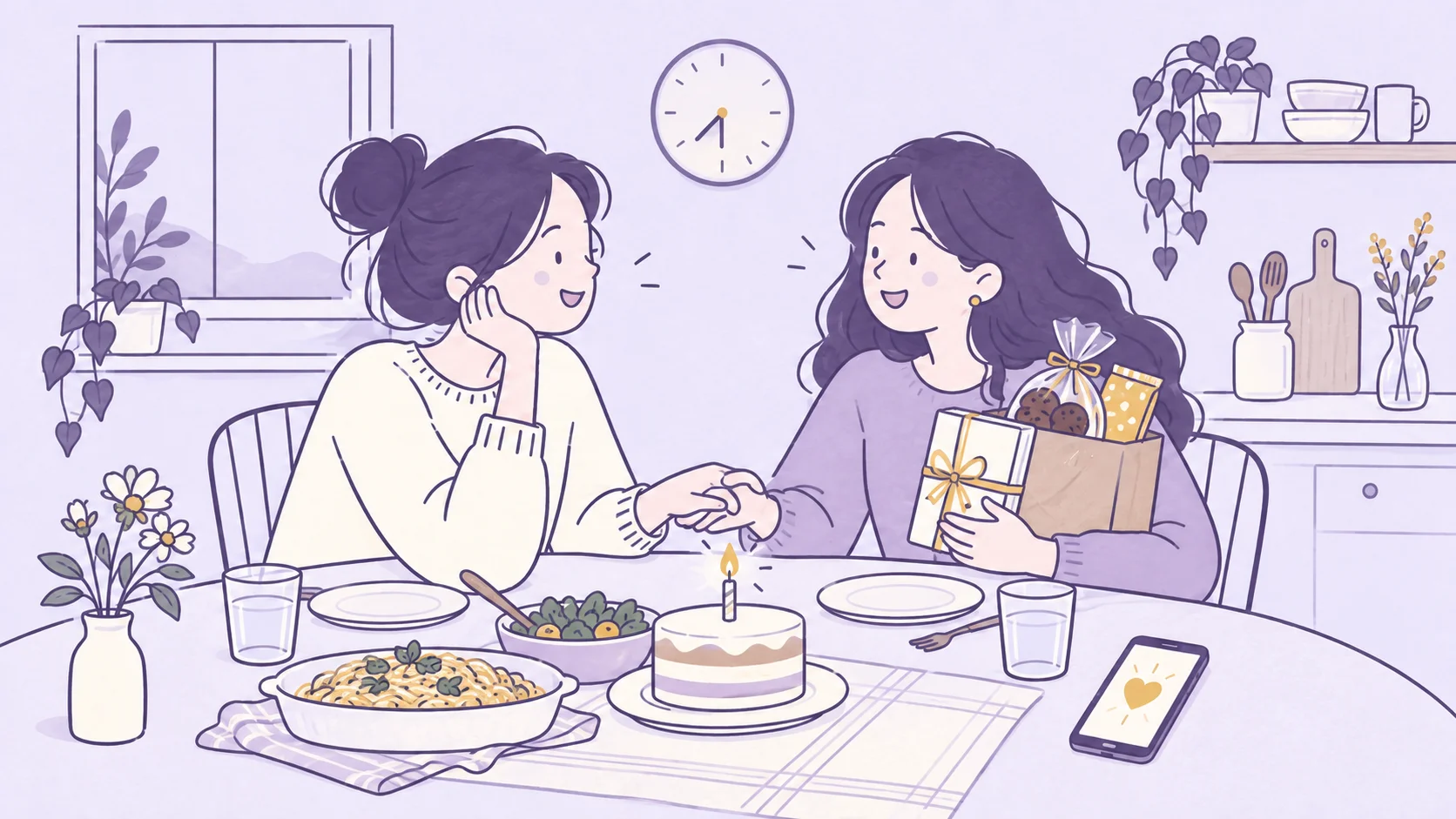 Two friends sharing a birthday meal, with a wrapped book, favorite treats, and a phone displaying a heart beside the cake.