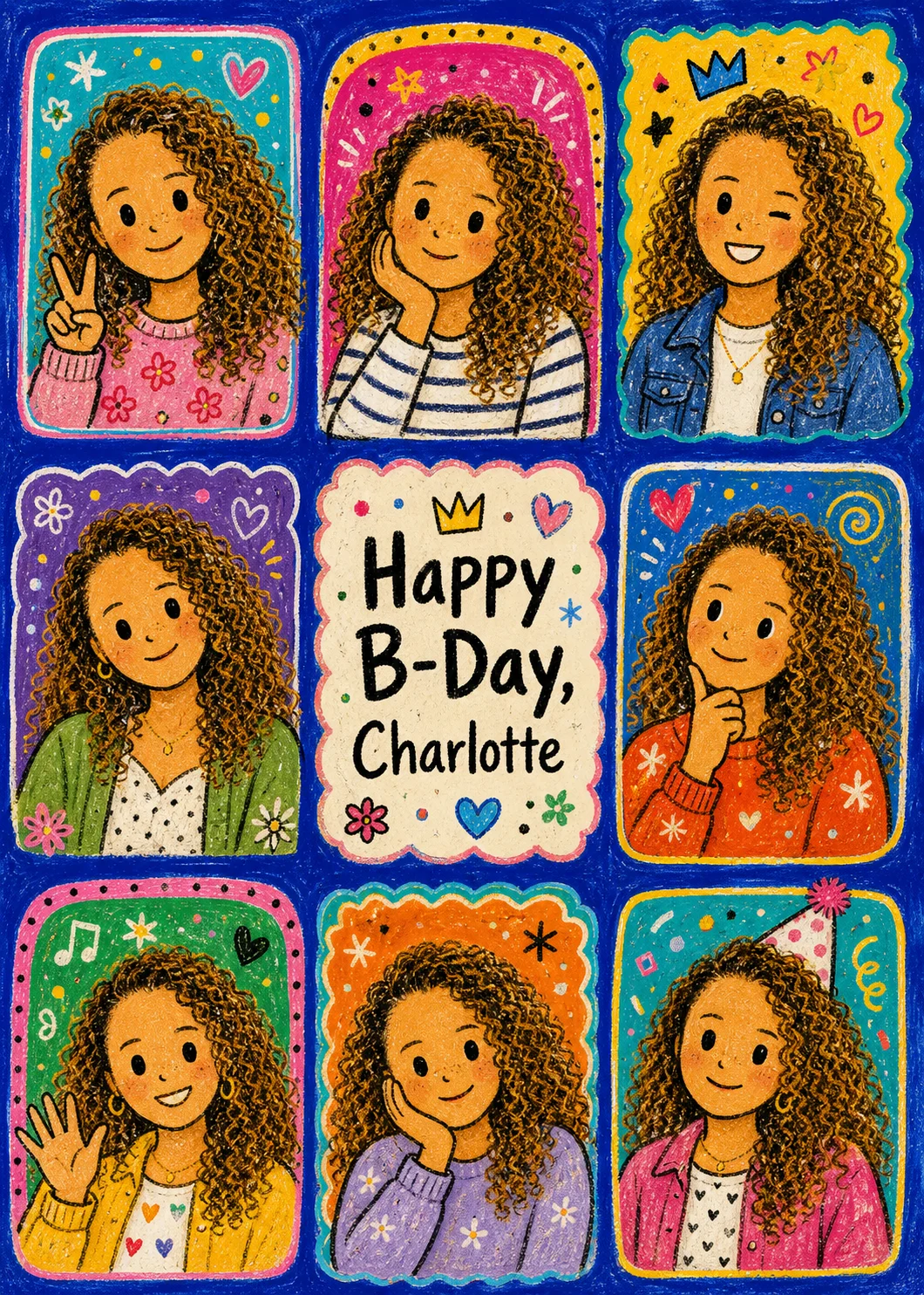 Birthday Photo Booth cover with eight colorful crayon-style portraits of a curly-haired woman around a center panel reading “Happy B-Day, Charlotte”.