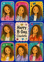Birthday Photo Booth cover for Charlotte with eight colorful crayon-style illustrated portraits.