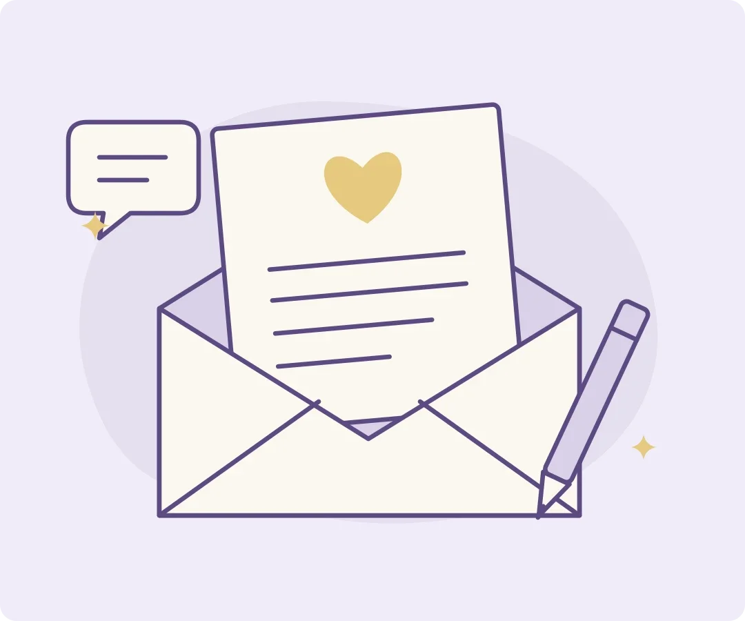 An open envelope holding a handwritten note with a heart, beside a pen and a small speech bubble.