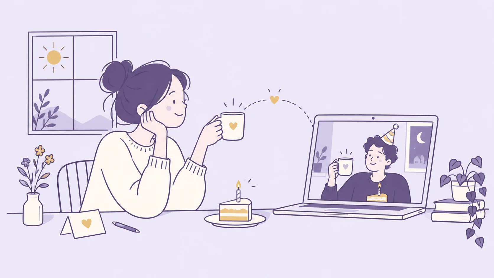 Long-distance birthday celebration over a video call, with two friends raising mugs beside slices of cake.