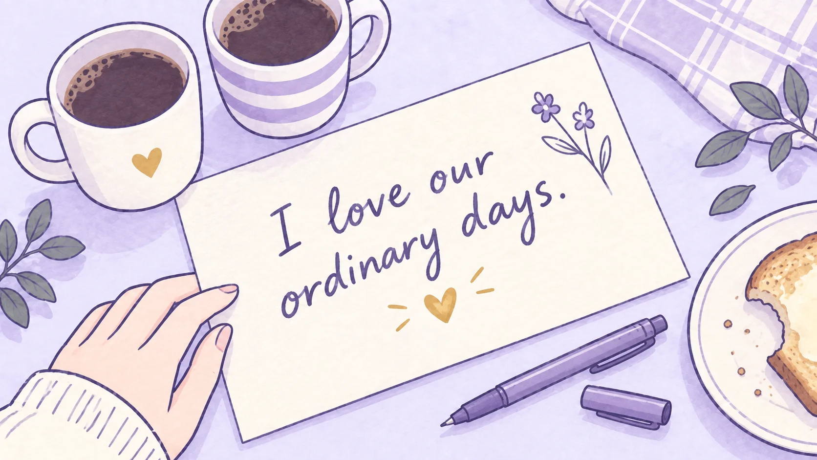 A handwritten note reading “I love our ordinary days.” beside two different coffee mugs, a pen and breakfast toast.