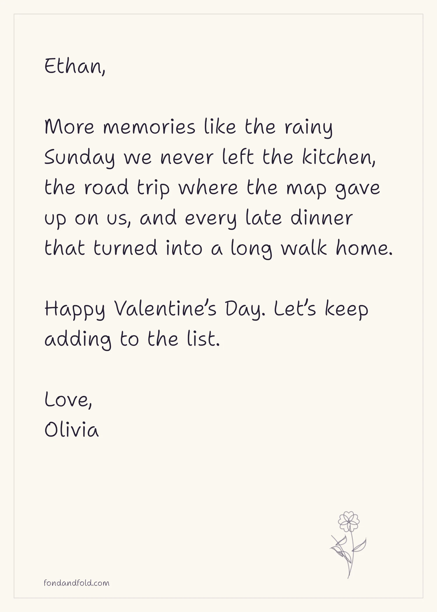 Example Valentine’s Day note to Ethan listing a rainy Sunday in the kitchen, a road trip, and late dinners that became long walks home, signed Olivia.