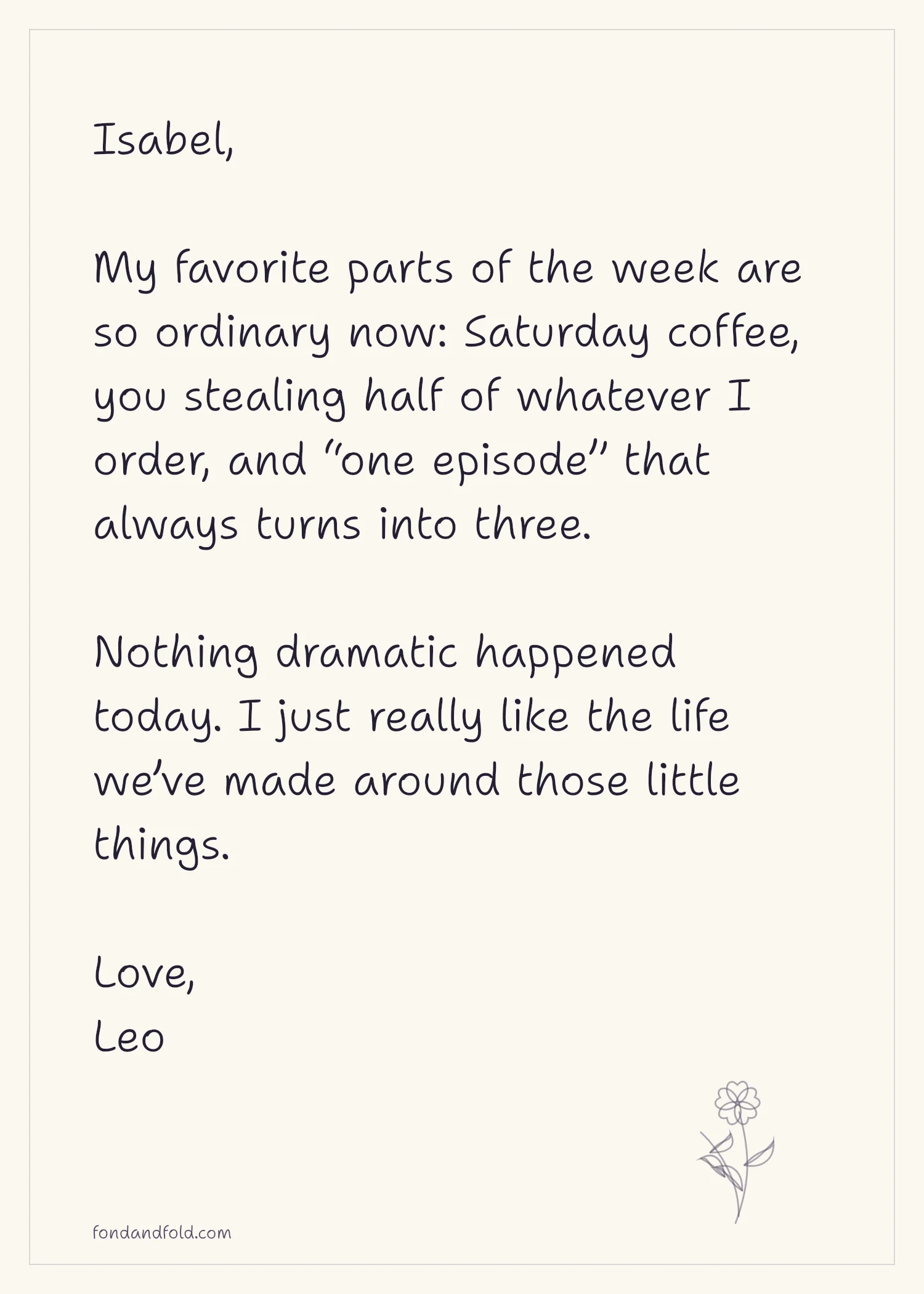 Example love note to Isabel about Saturday coffee, sharing food, and watching more episodes than planned, signed Leo.