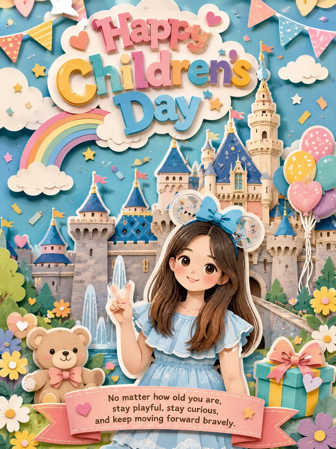 An early Children’s Day card with a blue-dress portrait in front of an illustrated castle, surrounded by paper-craft decorations.