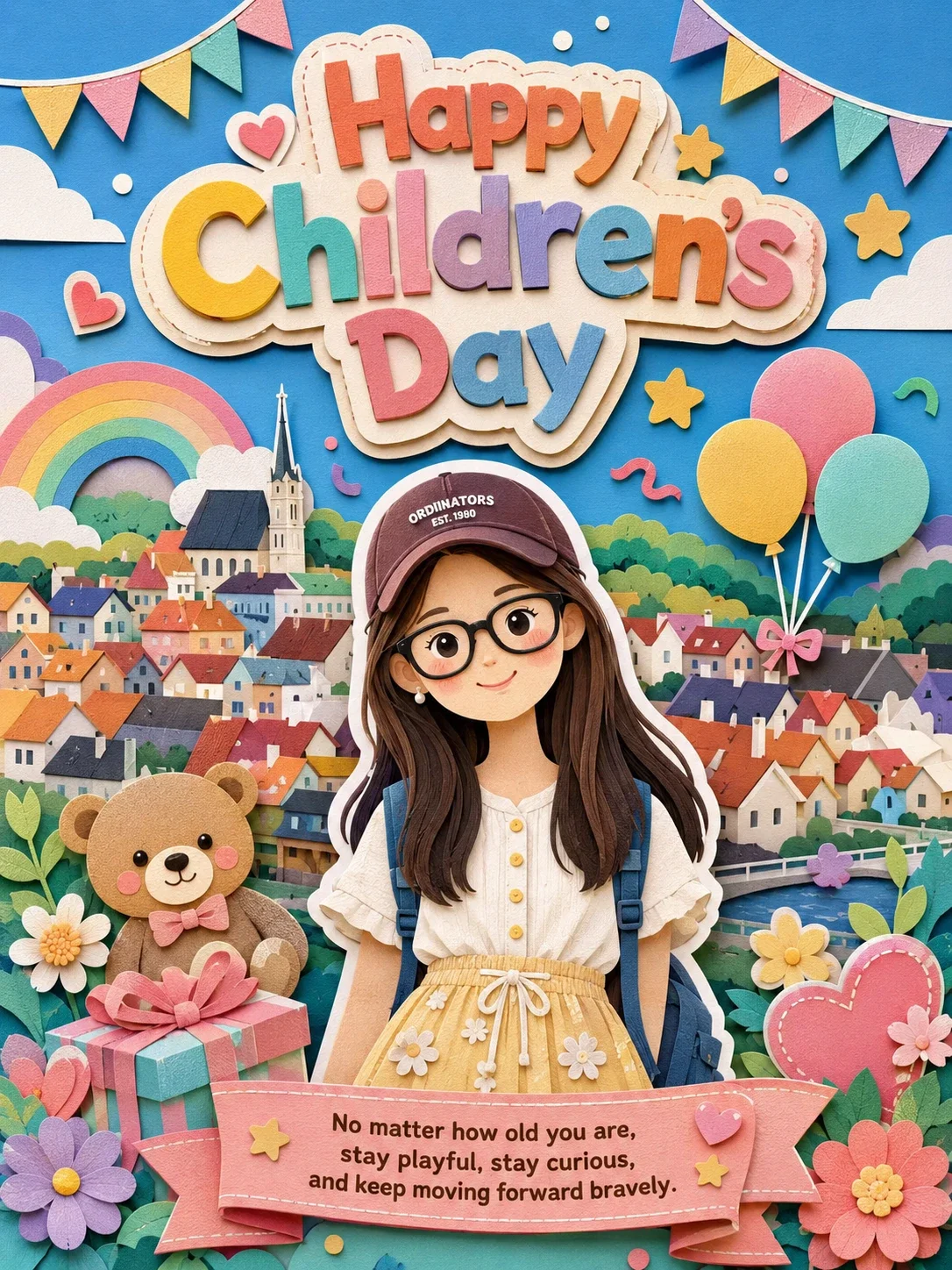 An early Children’s Day card with a cap-and-glasses portrait, a colorful paper-craft village, balloons, and a ribbon greeting.