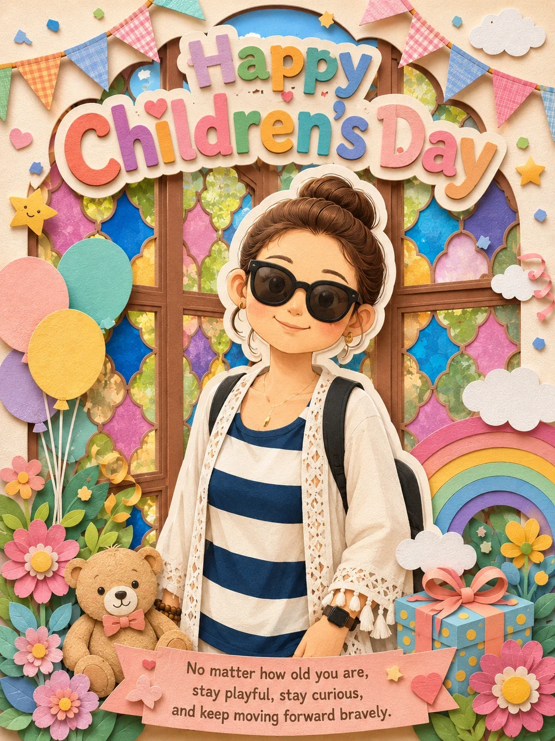 An early Children’s Day card with a sunglasses portrait, colorful window panels, balloons, and paper-craft flowers.
