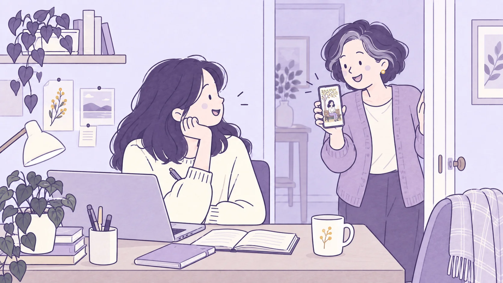 A lavender illustration of a daughter at her desk turning toward her smiling mother, who holds a phone displaying an illustrated card.