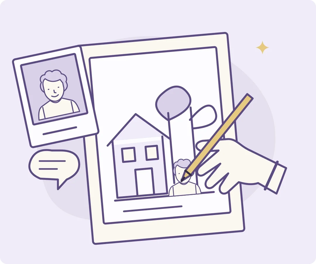 Artist commission diagram showing a portrait and house being drawn from a reference photo and a discussion.