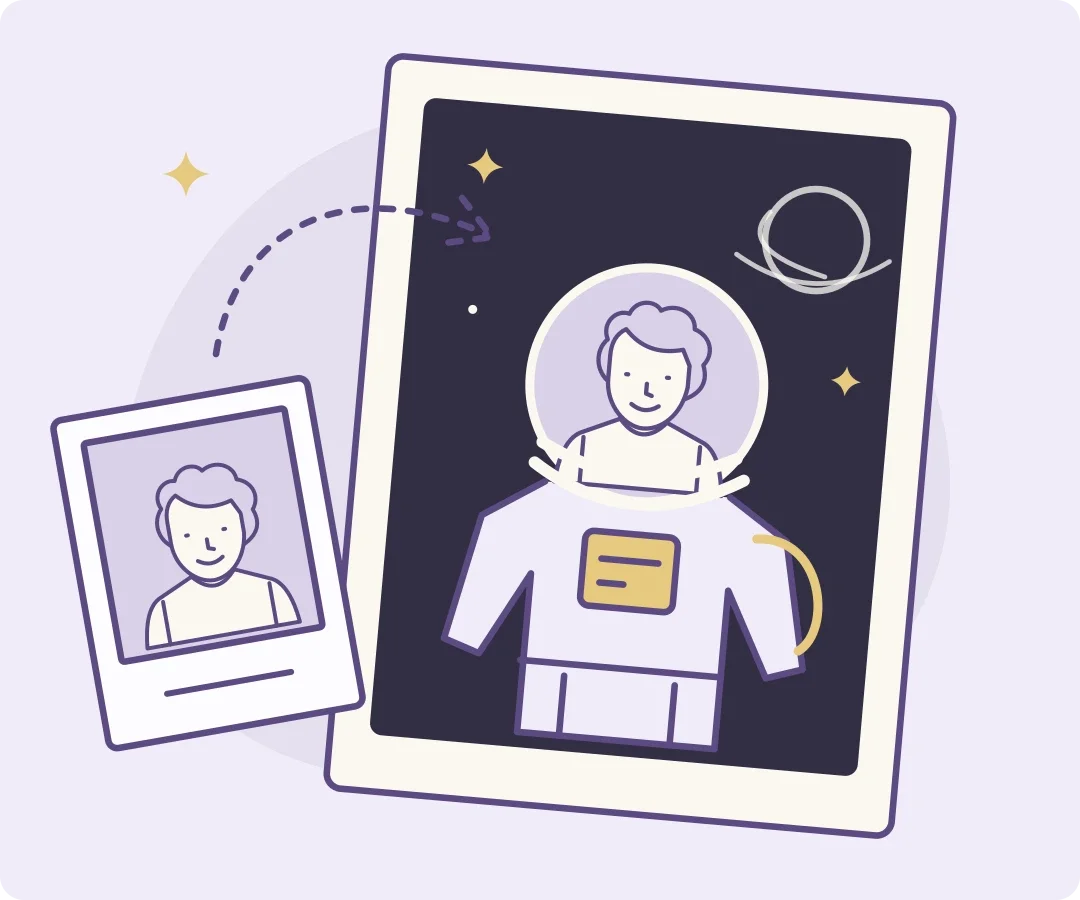 Face-swap card diagram showing a portrait placed into a preset astronaut scene.