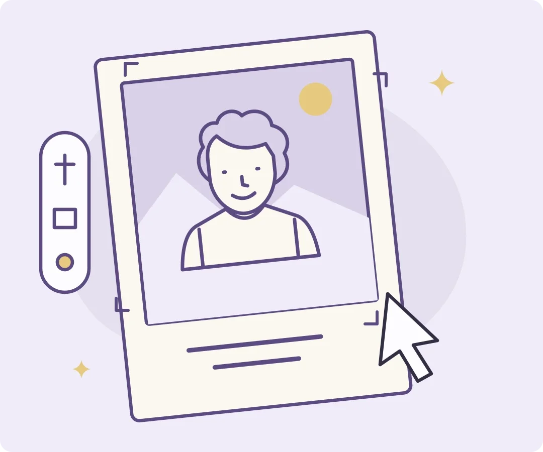 Photo-card template diagram showing a portrait in a card layout with cropping controls.