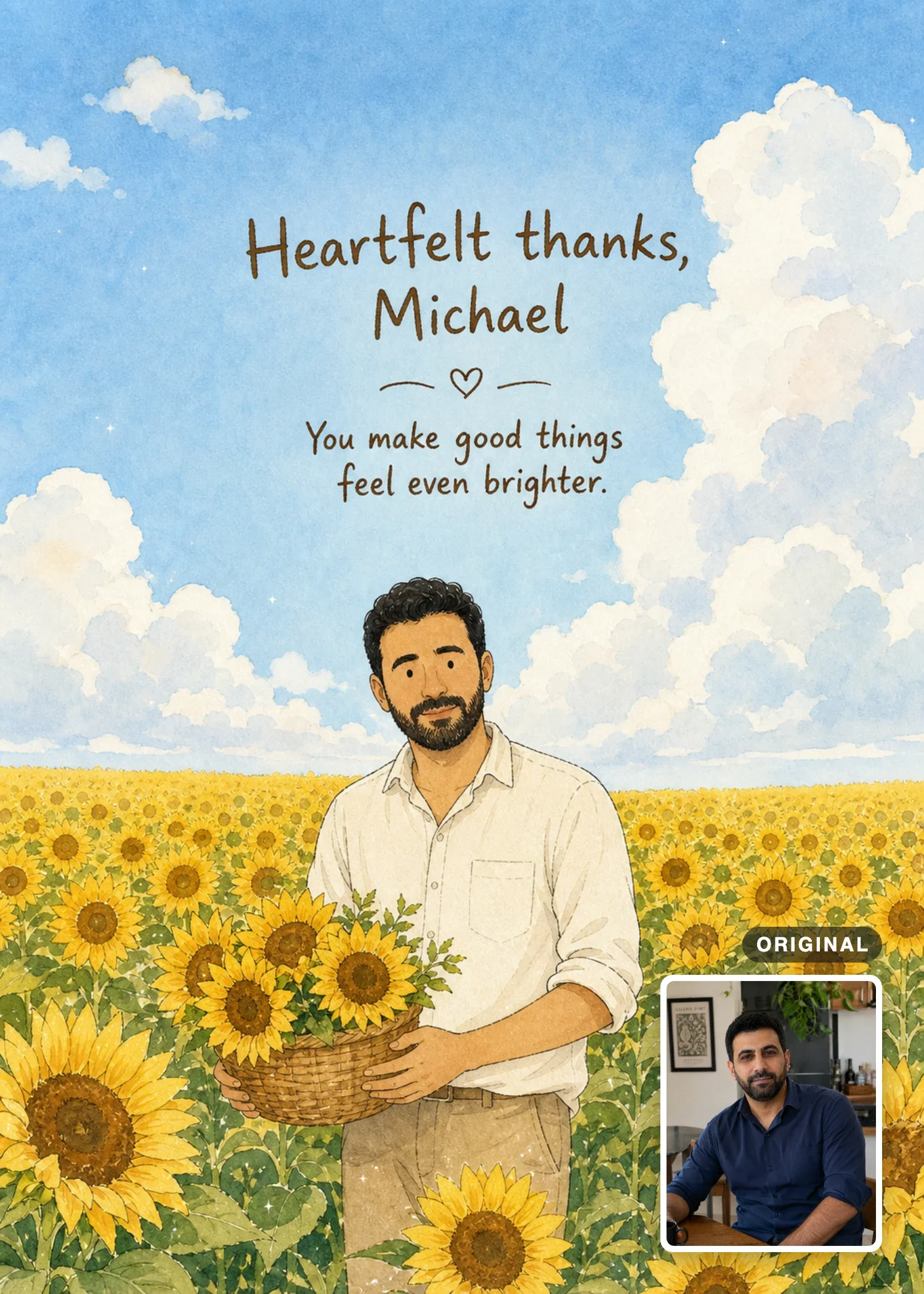 Sunflower thank-you illustration with a bearded person holding a basket of flowers, with the source photo inset.