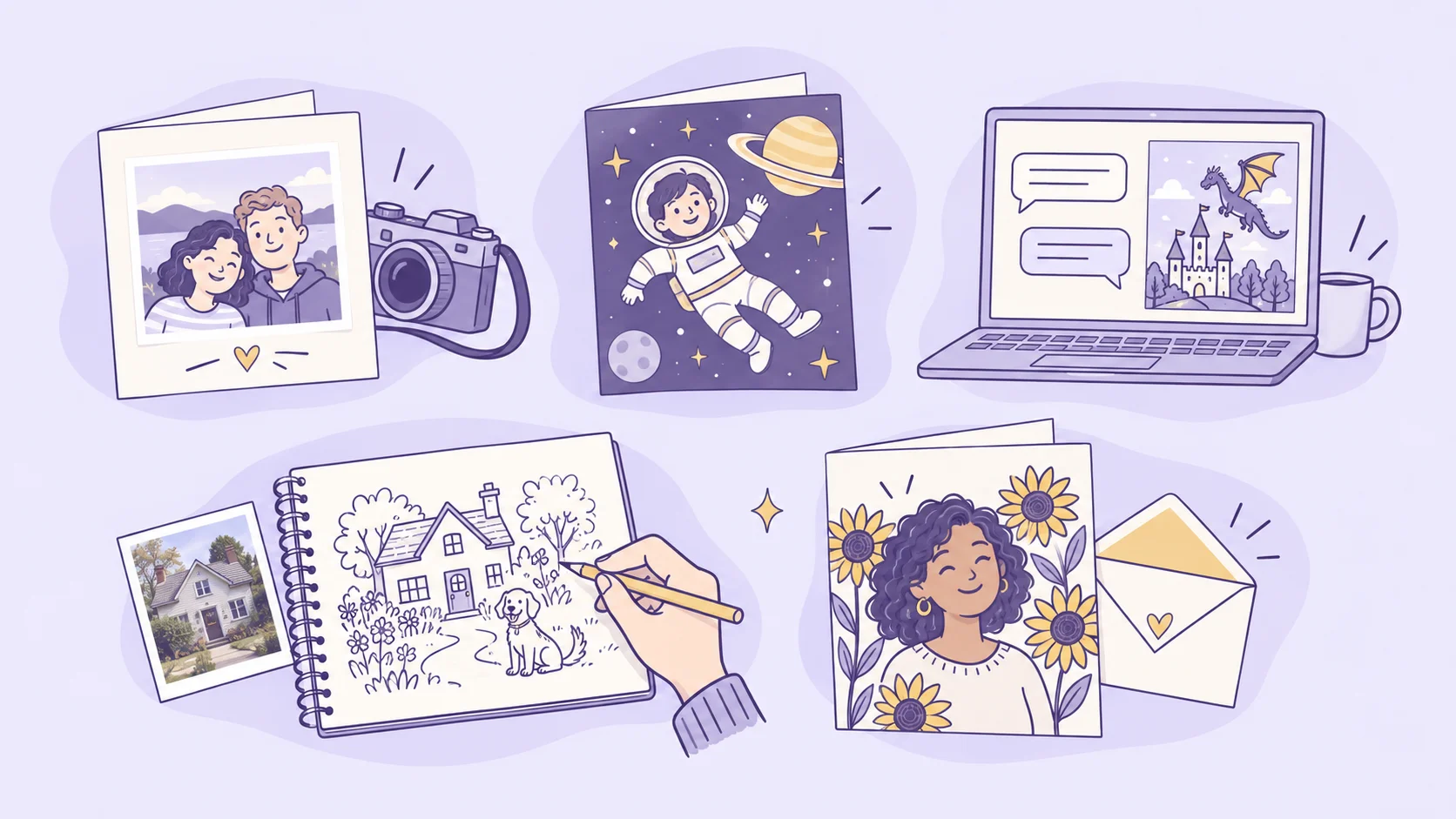 Photo greeting card ideas shown five ways: a photo template, astronaut face swap, AI design, artist commission, and illustrated card.