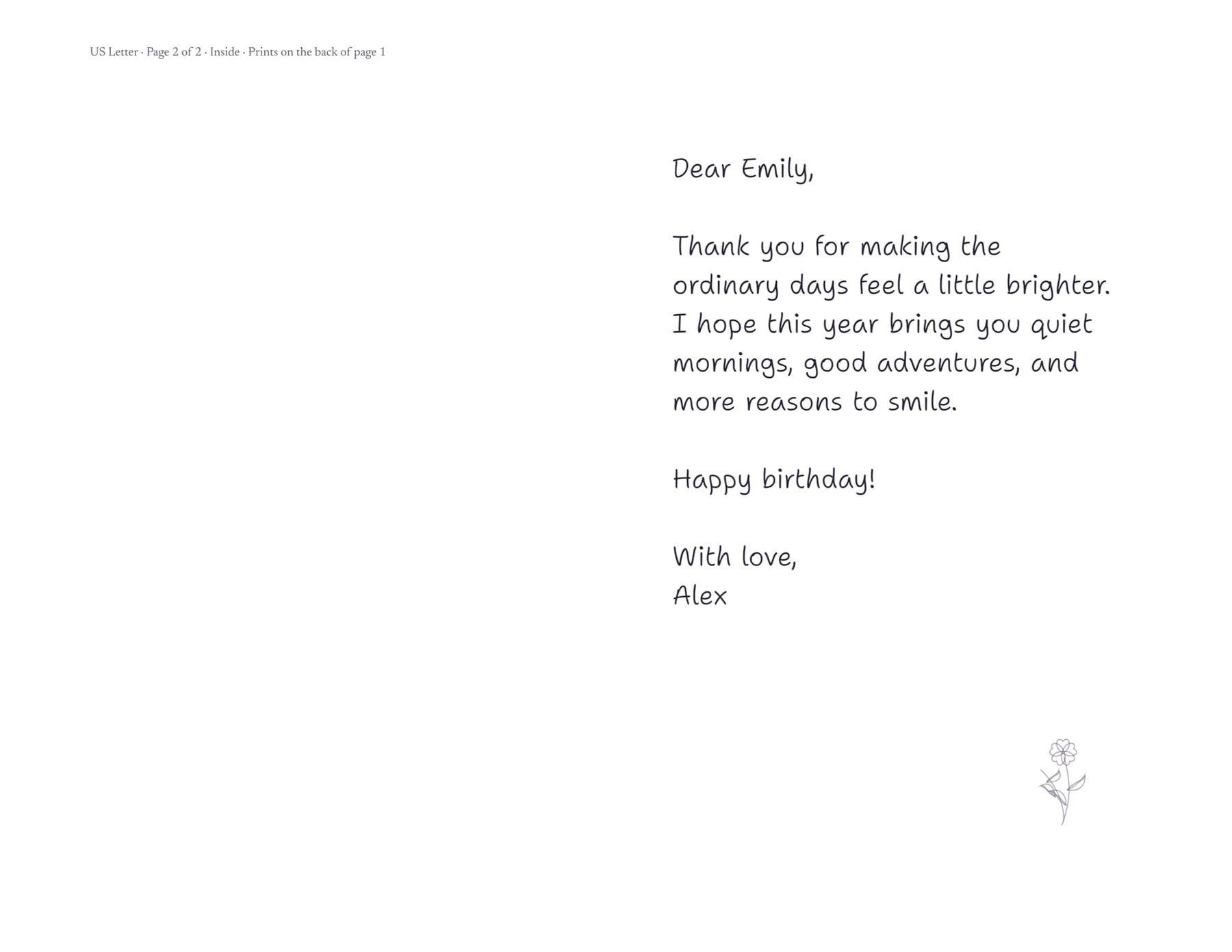Second page of the printable PDF. The left half is blank and the right half holds a handwritten-style note beginning “Dear Emily,” about making ordinary days brighter, signed “With love, Alex,” with a small line-drawn flower. A page label runs along the top margin.