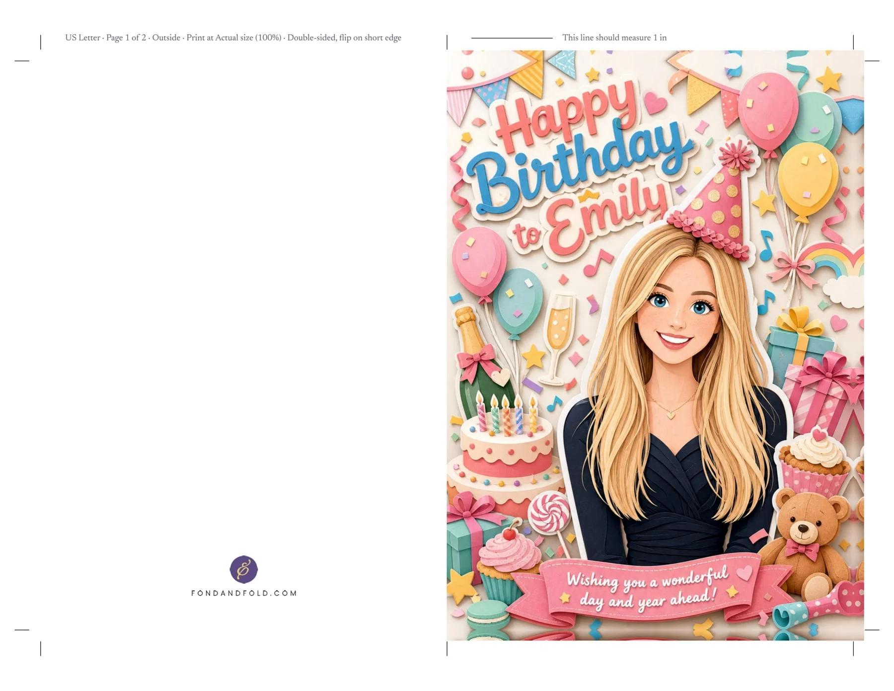 Landscape US Letter page of the printable PDF. The left half is the back of the card with the Fond & Fold icon and FONDANDFOLD.COM; the right half is the Paper Party Birthday cover for Emily reading “Happy Birthday to Emily” and “Wishing you a wonderful day and year ahead!” Crop marks sit at the corners, fold marks at the center, and a page label and 1 inch check line run along the top margin.