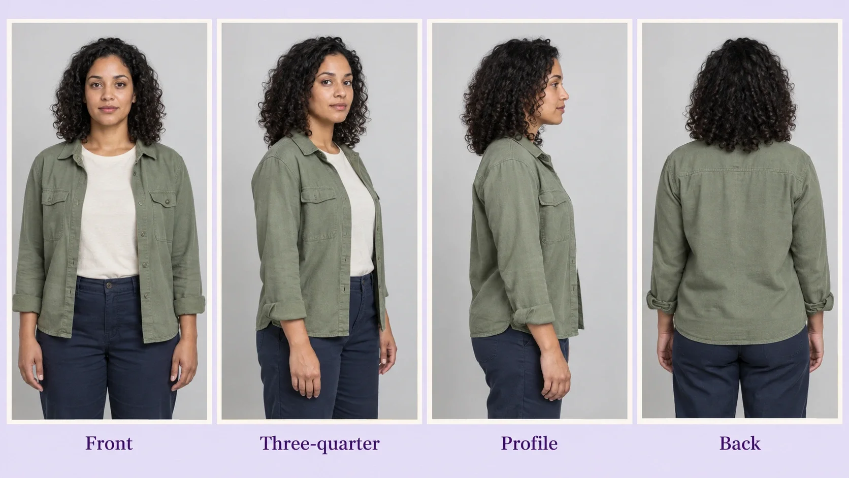 A photographic reference sheet of one fictional woman with curly hair and a sage jacket, shown from the front, at three-quarters, in profile and from the back under consistent lighting.
