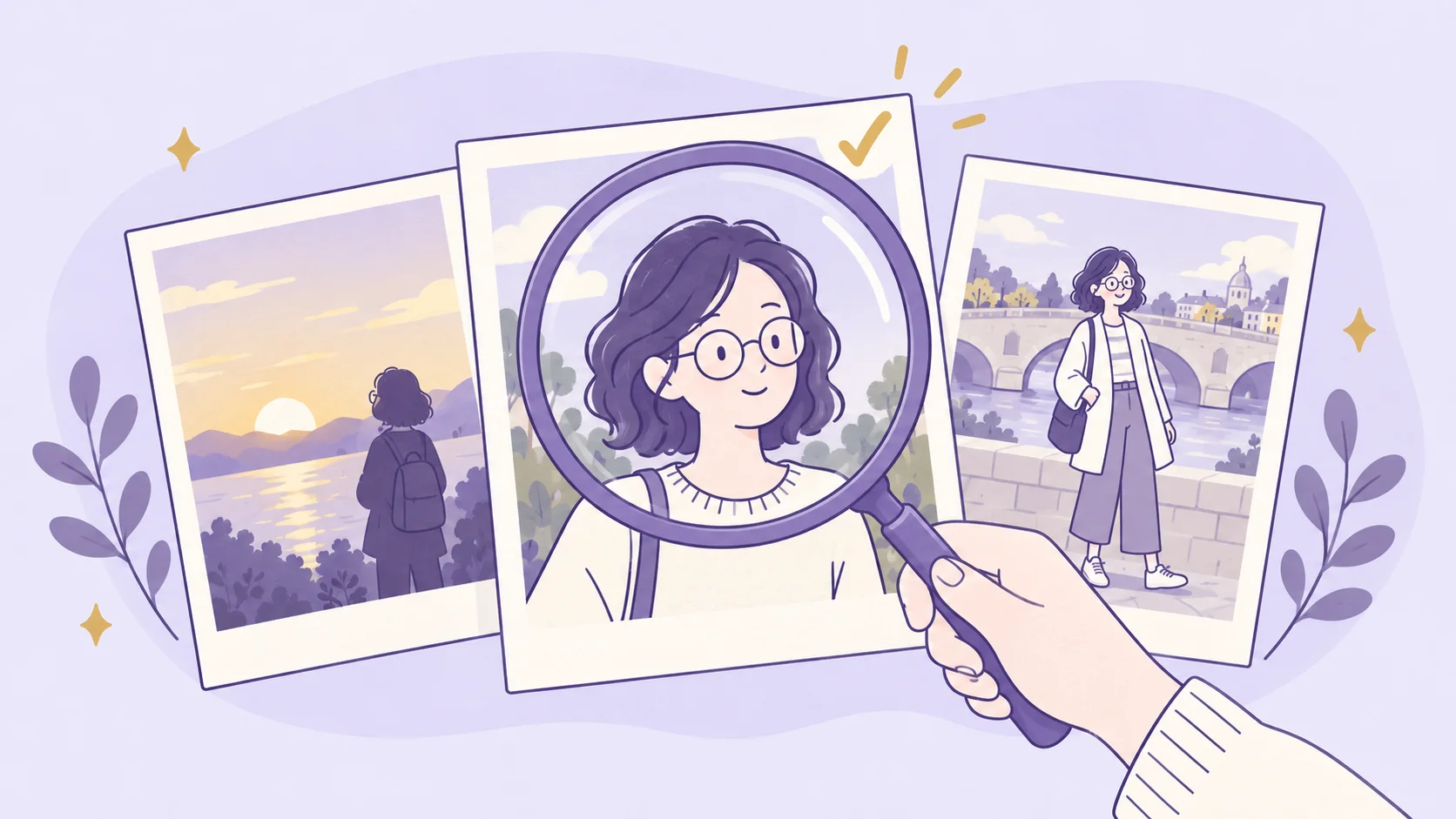 Lavender and purple line illustration of three photos of the same woman: a sunset silhouette, a clear portrait examined through a magnifying glass, and a wider view beside a stone bridge.