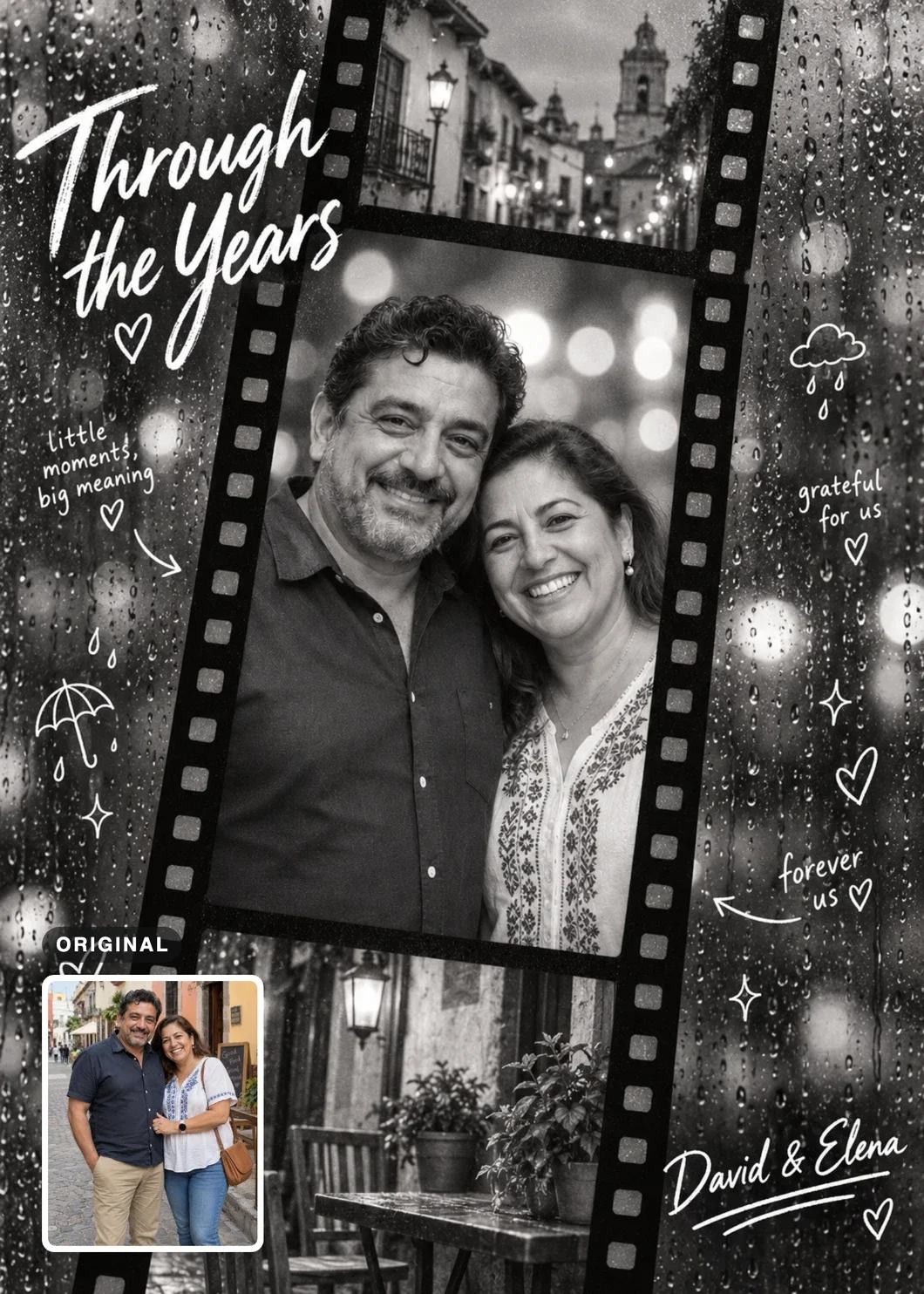 Rainy Filmstrip Memories card in black and white: the same couple in a filmstrip frame behind a rain-speckled window, with old-town street scenes in the smaller frames and the names David & Elena. An inset shows the same original street photo.