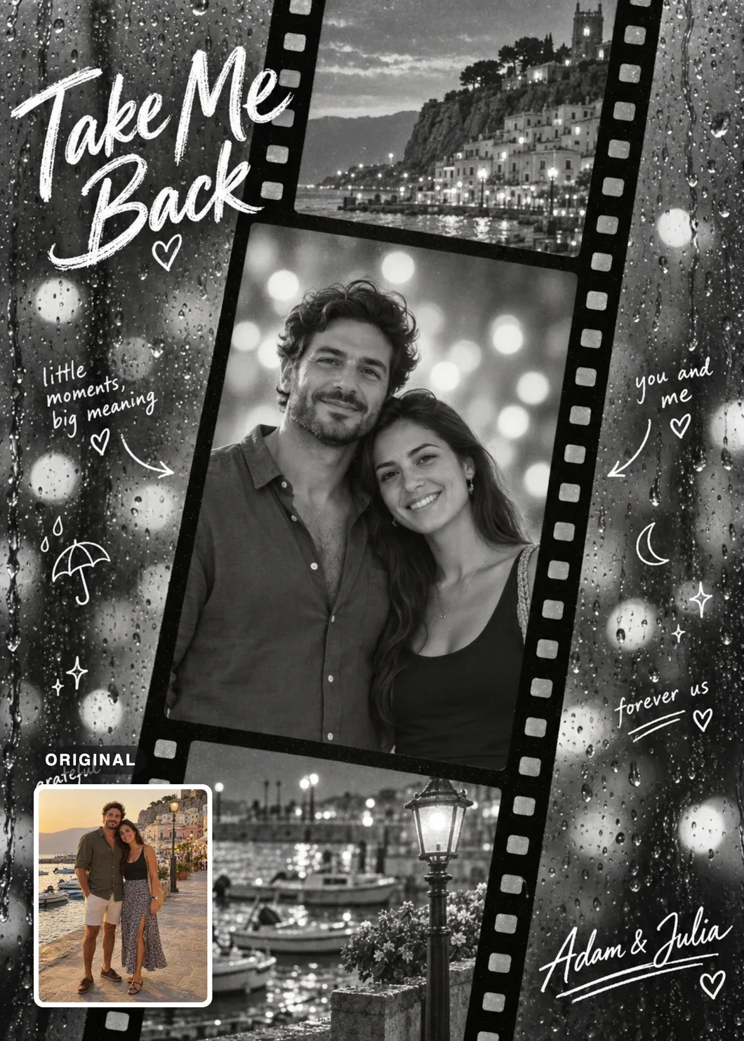 Rainy Filmstrip Memories card in black and white: a couple in a filmstrip frame, with a hillside harbor town and a lamp-lit waterfront in the two smaller frames and the names Adam & Julia. An inset shows the original photo on a harbor promenade.
