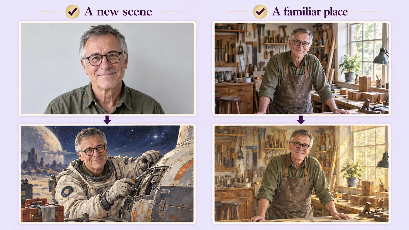 Two AI-generated examples of the same fictional man with glasses: a clear portrait leads to an illustrated spaceship repair scene, while a workshop photograph leads to a painting preserving his clothes and surroundings. Both paths have check marks.