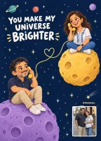 A couple drawn as small storybook characters on two planets, talking on a heart-shaped phone cord, with their original street photo inset.